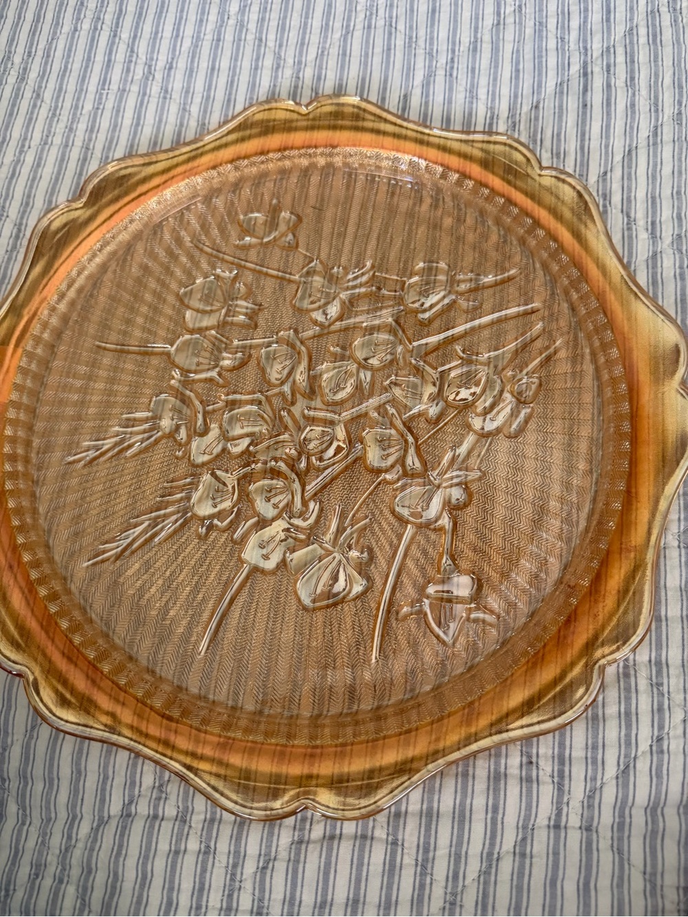 Amber Glass Serving Platter with Floral Relief
